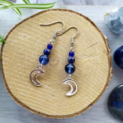 Dark Blue Gemstone Crescent Moon Earrings, Moon..