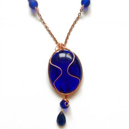 Royal Blue Necklace, Wire Wrapped Cobalt Blue..
