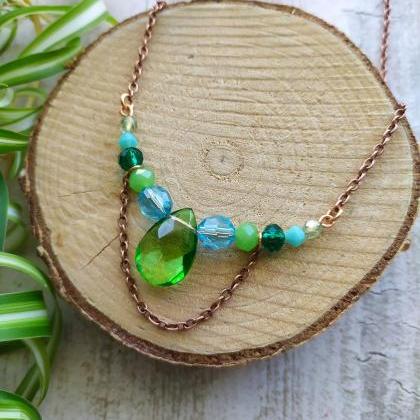 Light Green Blue Necklace, Wire Wrapped Copper..