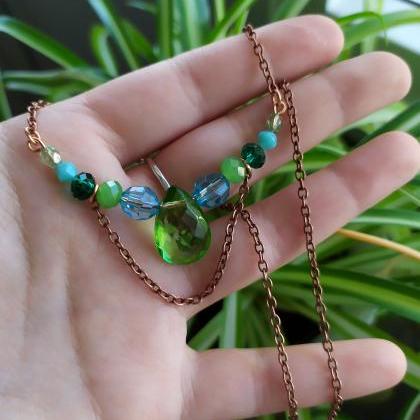 Light Green Blue Necklace, Wire Wrapped Copper..