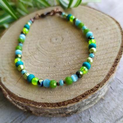Green Blue Teal Bracelet, Green And Copper Dainty..