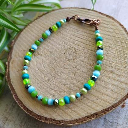 Green Blue Teal Bracelet, Green And Copper Dainty..