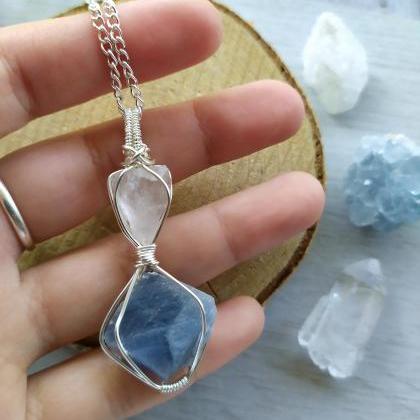 Wire Wrapped Raw Blue Calcite And Clear Quartz..