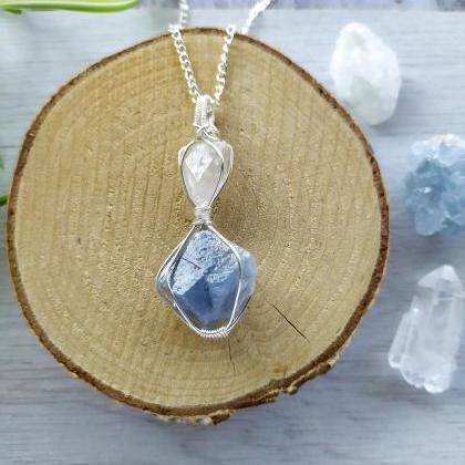 Wire Wrapped Raw Blue Calcite And Clear Quartz..