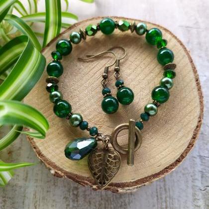 Green Bohemian Bracelet With Earrings, Green Boho..