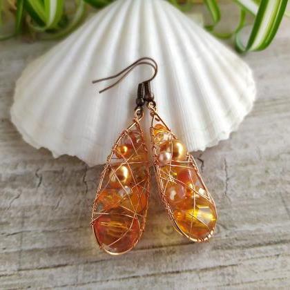 Orange Copper Earrings, Wire Wrapped Orange..