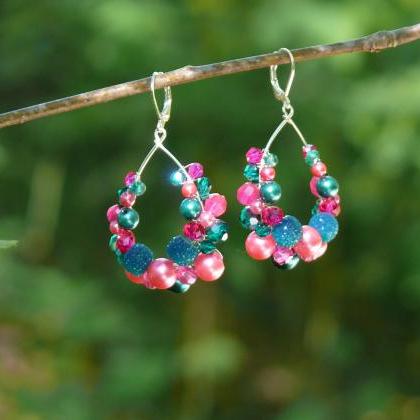 Dark Pink Teal Bubbly Hoops, Wire Wrapped..