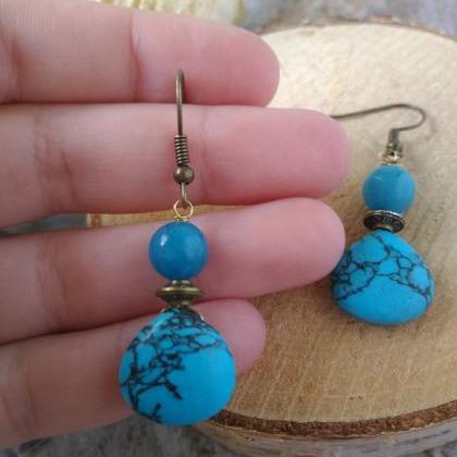 Mixed Blue Gemstone Earrings, Turquoise Howlite..