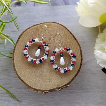 Red Blue White Earrings, Wire Wrapped Bohemian..