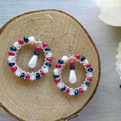 Red Blue White Earrings, Wire Wrapped Bohemian..