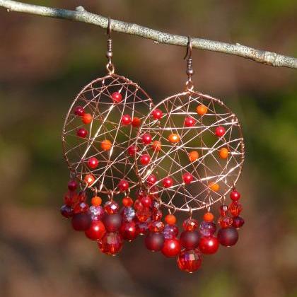 Red Statement Earrings, Wire Wrapped Chandelier..