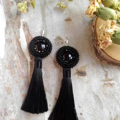 Black Tassel Earrings, Long Bead Embroidered..