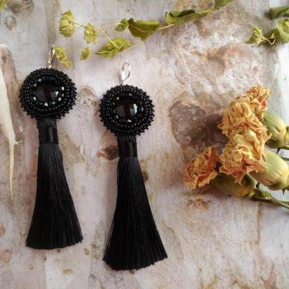 Black Tassel Earrings, Long Bead Embroidered..