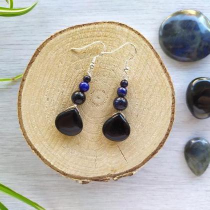 Mixed Gemstone Earrings, Black Onyx Lapis Lazuli..