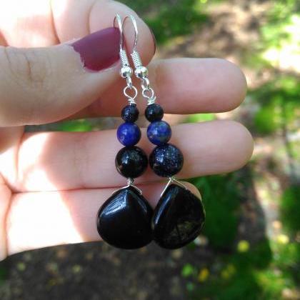 Mixed Gemstone Earrings, Black Onyx Lapis Lazuli..