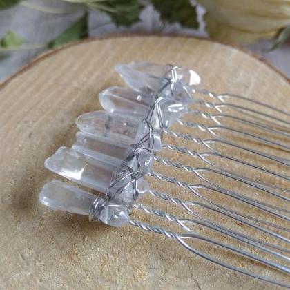 Clear Quartz Wedding Hair Comb, Crystal Slide..