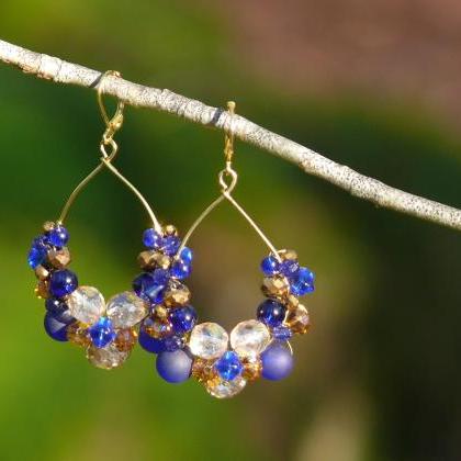 Blue Gold Earrings, Royal Blue And Golden..