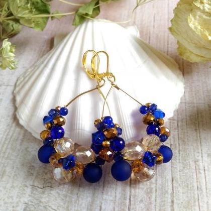 Blue Gold Earrings, Royal Blue And Golden..