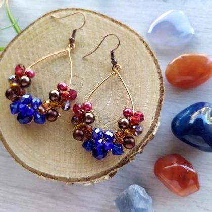 Brown Red Blue Beaded Earrings, Brown And Copper..