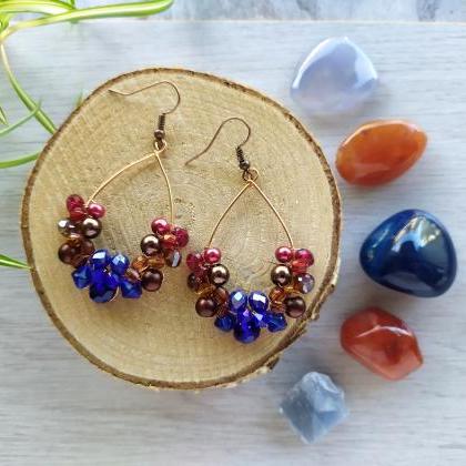Brown Red Blue Beaded Earrings, Brown And Copper..