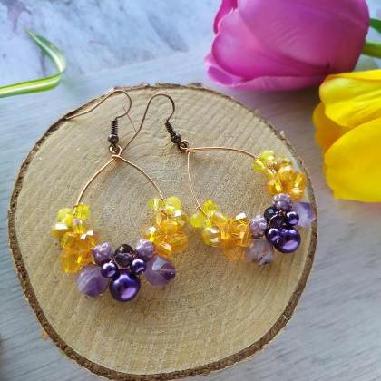 Purple Yellow Orange Hoop Earrings, Wire Wrapped..