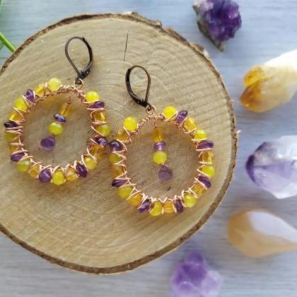 Yellow And Purple Bubbly Hoops, Amethyst Agate..