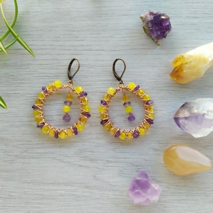 Yellow And Purple Bubbly Hoops, Amethyst Agate..