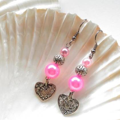 Long Pink Geart Earrings, Heart Beaded Earrings,..