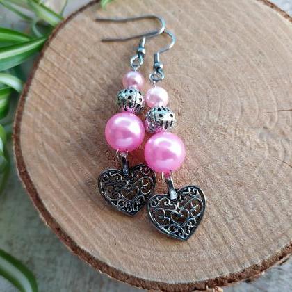 Long Pink Geart Earrings, Heart Beaded Earrings,..