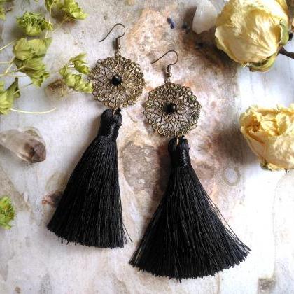 Black Tassel Earrings, Black Bronze Bohemian..