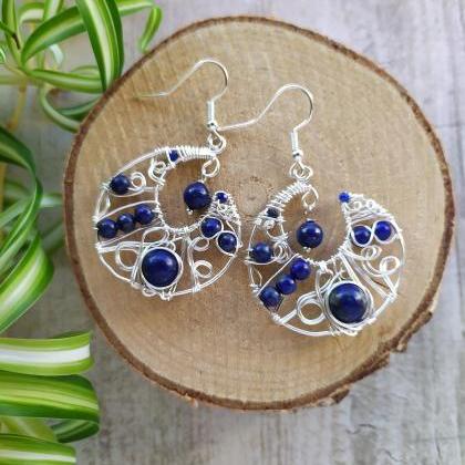 Wire Wrapped Blue Lapis Lazuli Moon Shaped..
