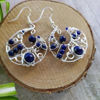 Wire Wrapped Blue Lapis Lazuli Moon Shaped..