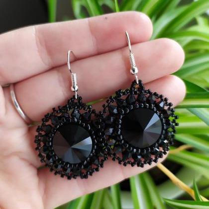 Swarovski Crystals Elegant Black Earrings, Dainty..
