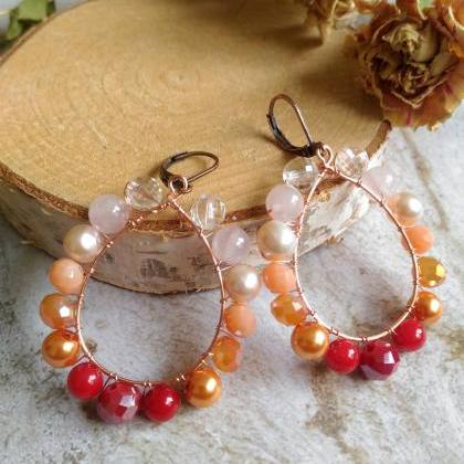 Pink Orange Red Hoop Earrings With Pearls, Wire..