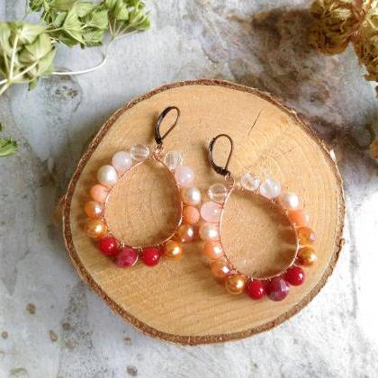 Pink Orange Red Hoop Earrings With Pearls, Wire..