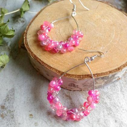 Pink Earrings, Barbie Pink Earrings, Wire Wrapped..