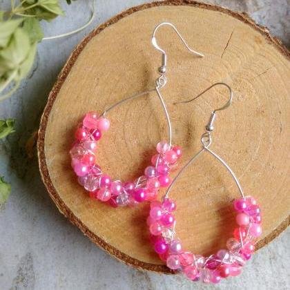 Pink Earrings, Barbie Pink Earrings, Wire Wrapped..