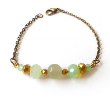 Gemstone Brass Bracelet, Boho Crystal Beaded..