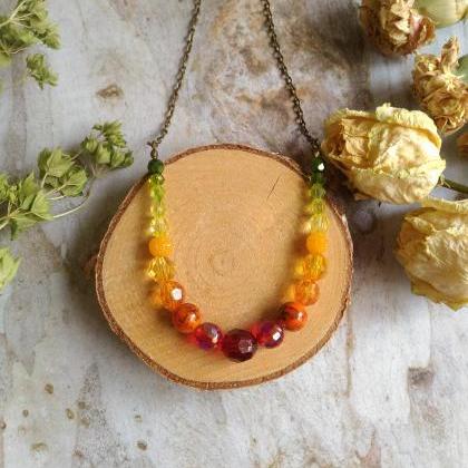 Autumn Beaded Necklace, Green Yellow Orange Red..