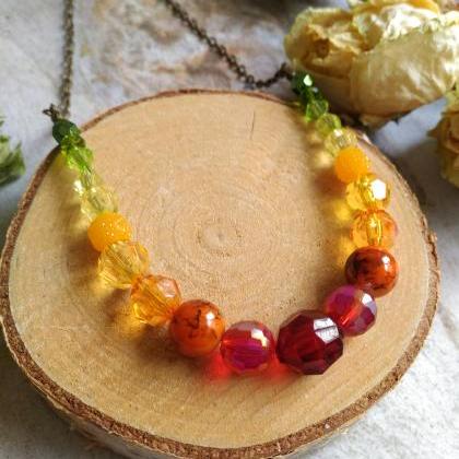 Autumn Beaded Necklace, Green Yellow Orange Red..