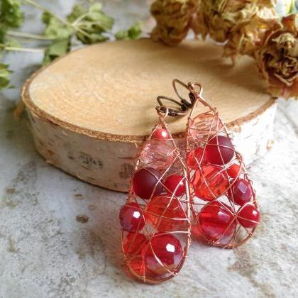 Wire Wrapped Drop Earrings In Red, Red And Copper..
