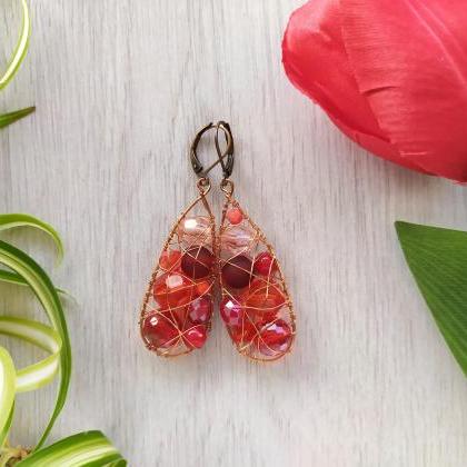 Wire Wrapped Drop Earrings In Red, Red And Copper..