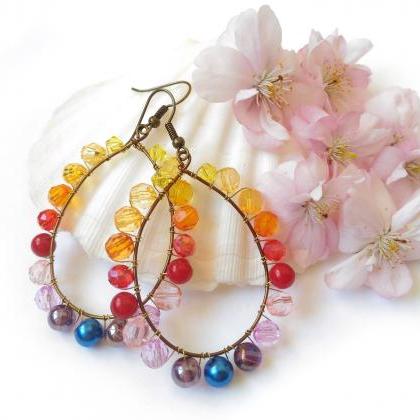 Long Yellow Red Purple Hoops, Wire Wrapped Brass..