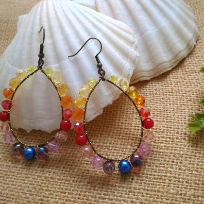 Long Yellow Red Purple Hoops, Wire Wrapped Brass..