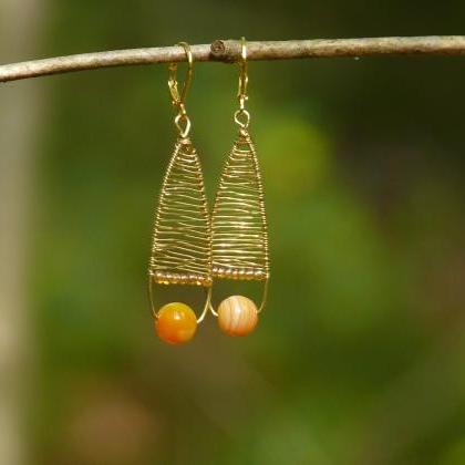 Bohemian Orange Earrings, Wire Wrapped Gold..