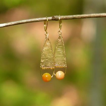 Bohemian Orange Earrings, Wire Wrapped Gold..