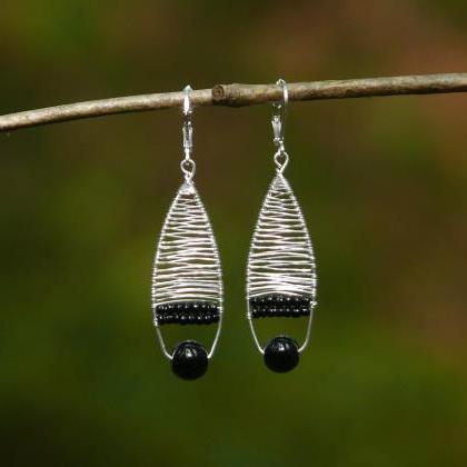 Elegant Black And Silver Earrings, Wire Wrapped..