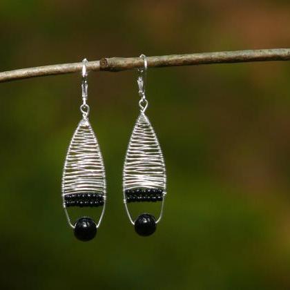 Elegant Black And Silver Earrings, Wire Wrapped..