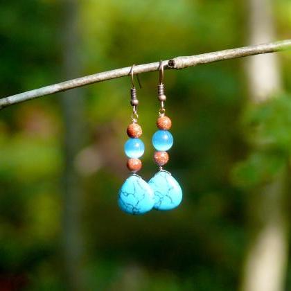 Mixed Blue Gemstone Earrings, Turquoise Howlite..