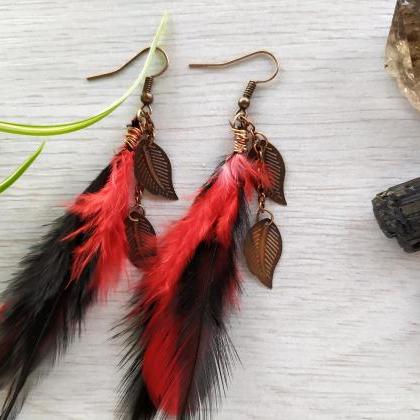 Long Black And Red Boho Feather Earrings, Long..